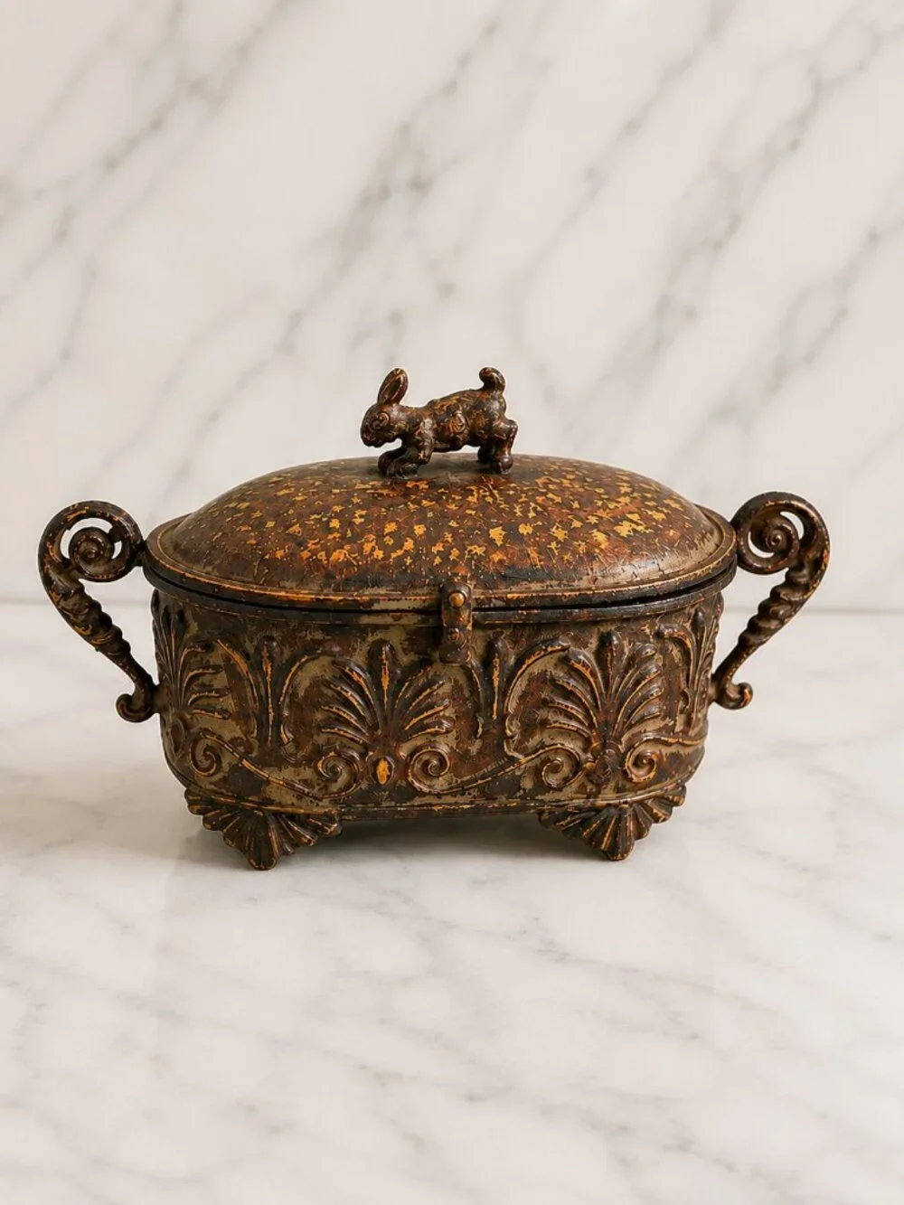 VTG Pier 1 Rustic Metal Rabbit Trinket Box Hinged Decorative Storage Container